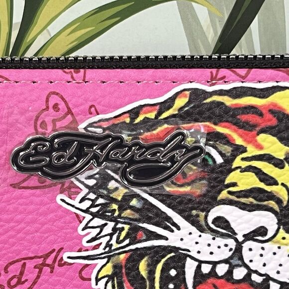 Ed Hardy Zip Around Wallet Wristlet Pink Tiger Vegan Leather Card Slot Pockets - Picture 11 of 14